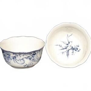 222 Fifth Adelaide Blue White Toile Soup Bowls 2pc 6" Bird Floral new free ship